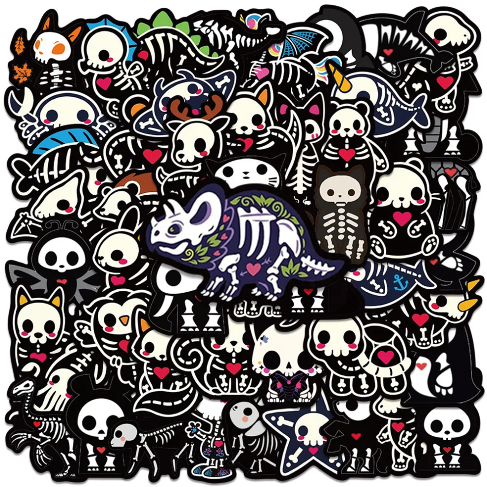 (MULTICOLOR) 50Pcs Cartoon Animals Skeleton Skull Stickers Cute Horror DIY Stickers Scrapbooking Phone Luggage Skateboard Waterproof Decals
