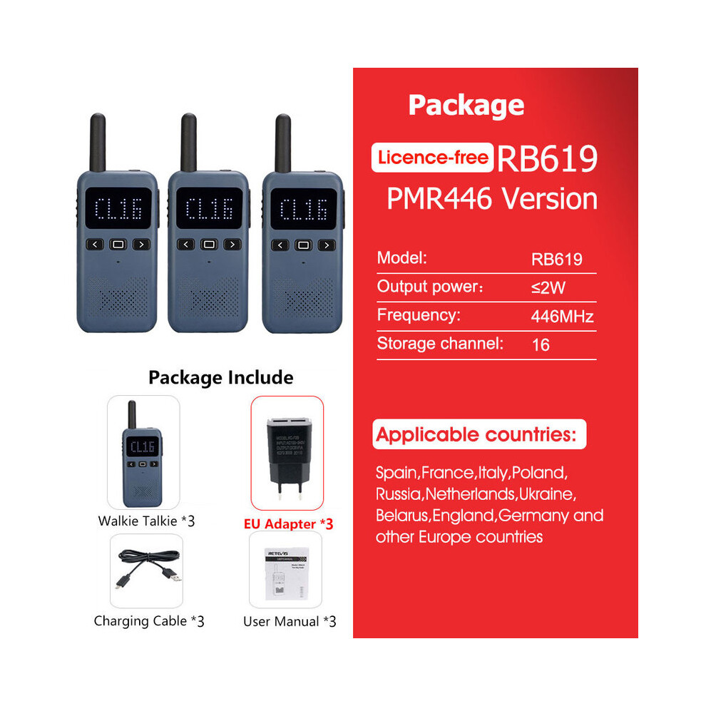 (Pmr Rb619) Walkie Talkie Mini Retevis Usb Type C Phone Rb619 Pmr 446 Radio Walkie-Talkies 3Pcs Two-Way Radio Portable 9036185419505