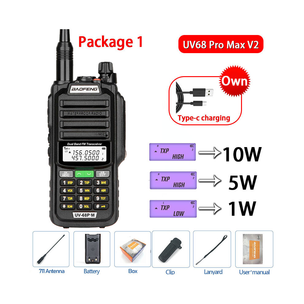Photos - Radio / Clock MAXPOWER  Professional Waterproof Walkie Talkie UV68 Pro Max V2 Update 10W PowerfulDual Band VHF/UHF TWO Way Ra (USB Plug, V2 Black 1)