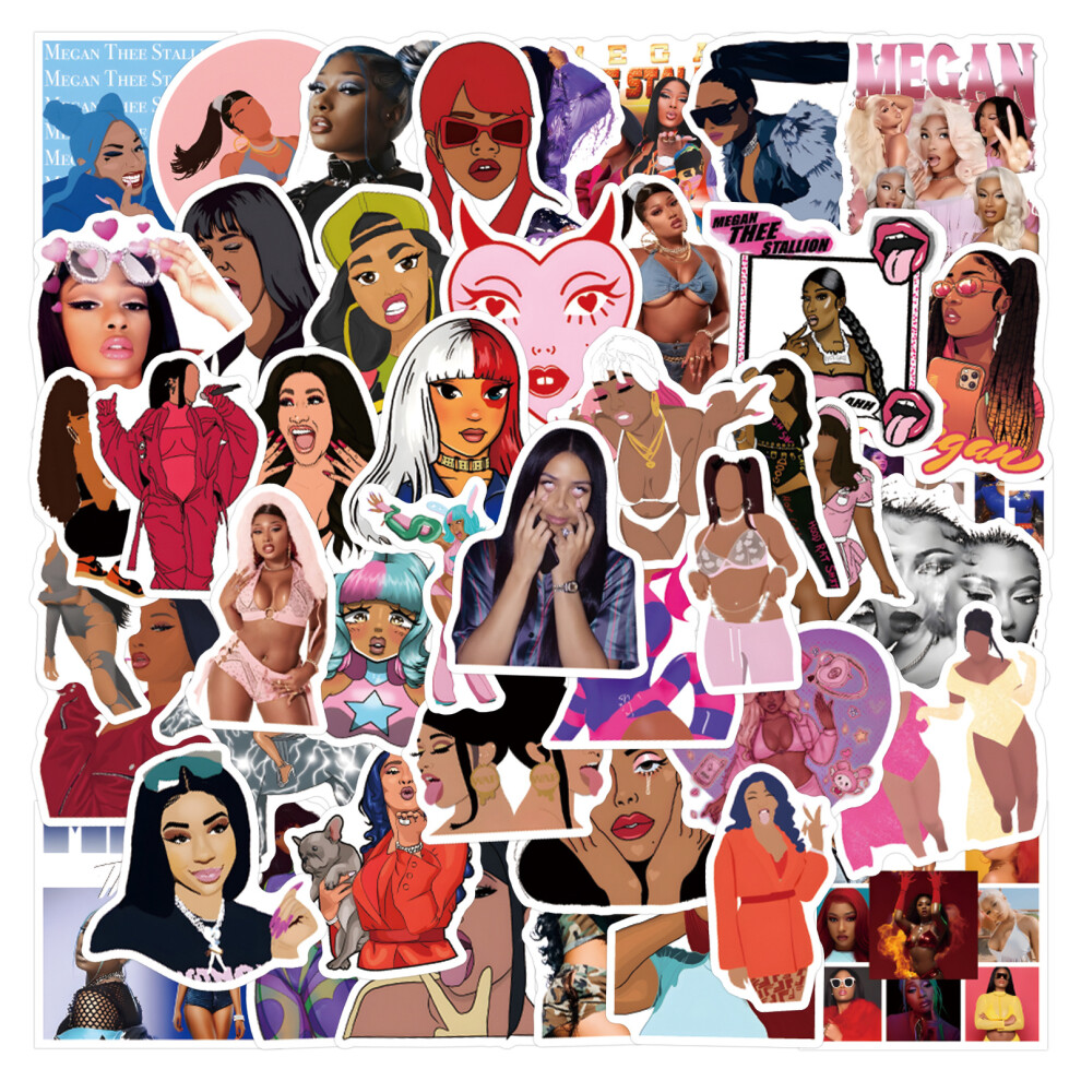 (MULTICOLOR) 55Pcs Pop Rap Megan Thee Stallion Stickers DIY Stickers Scrapbooking Phone Luggage Skateboard  Waterproof Decals