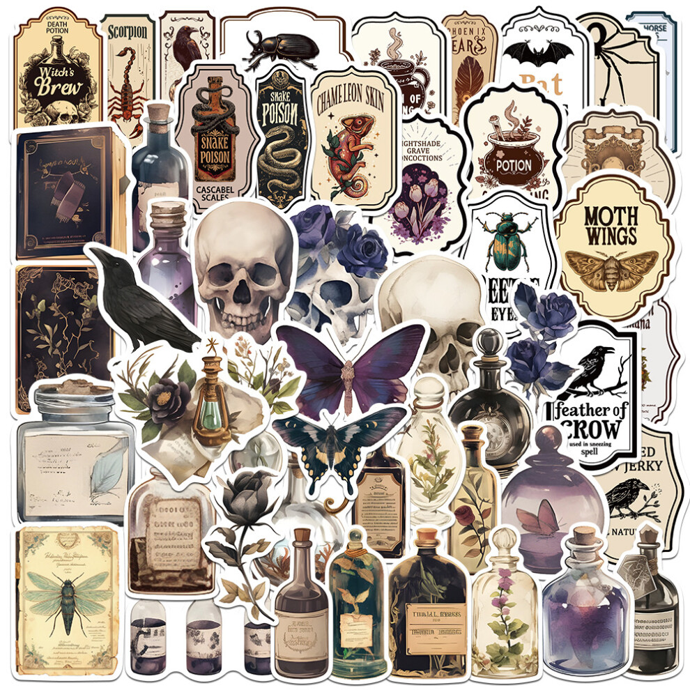 (MULTICOLOR) 50Pcs Horror Retro Arsenic Poison Label Stickers Gothic Potion Halloween Graffiti Sticker Phone Skateboard Scrapbook Decal
