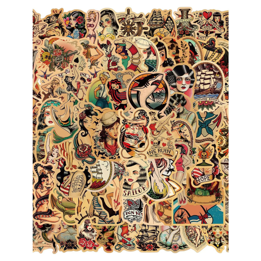 (MULTICOLOR) 100Pcs Retro Old School Tattoo Style Stickers DIY Stickers Scrapbooking Phone Luggage Skateboard Waterproof Graffiti Decals