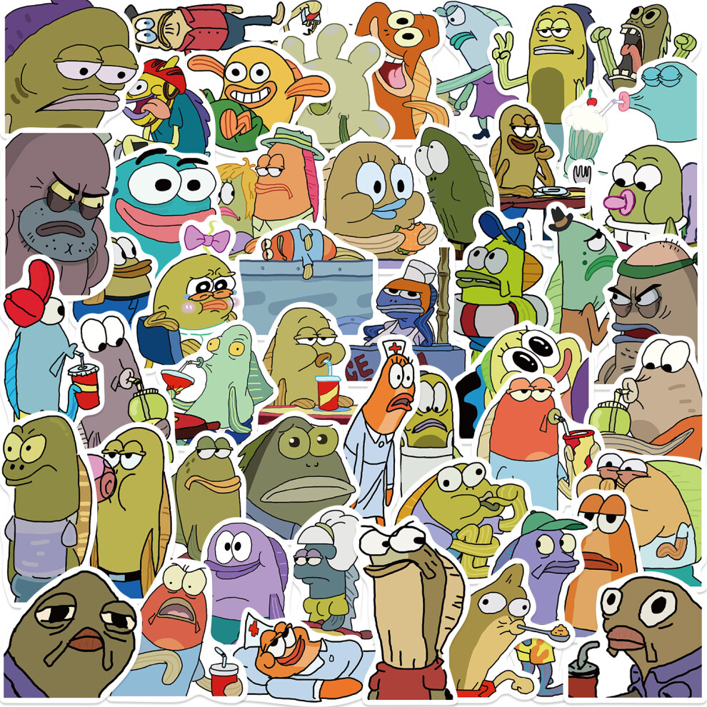 (MULTICOLOR) 50Pcs Cute Cartoon Fish Stickers Bikini Bottom Fish DIY Stickers Scrapbooking Phone Luggage Skateboard Waterproof Decals