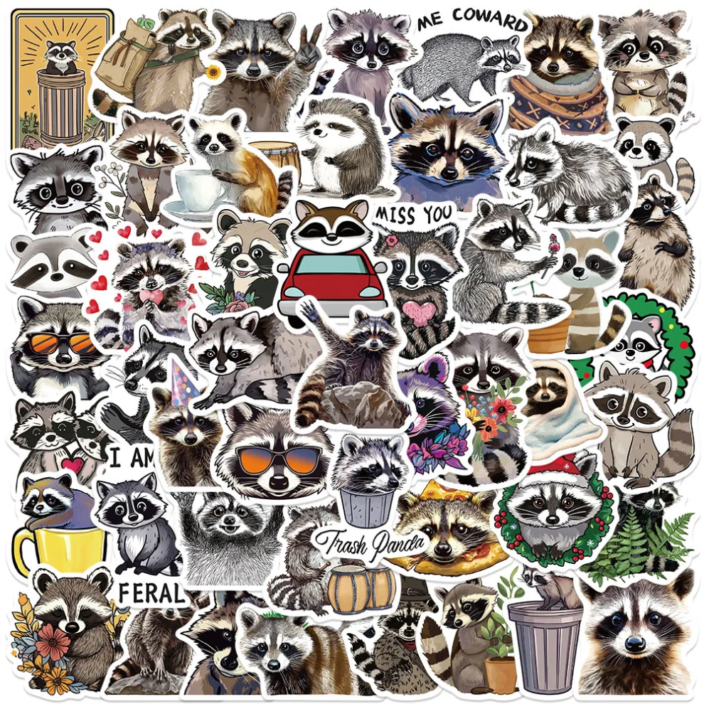 (MULTICOLOR) 50Pcs Cartoon Raccoon Stickers Cute Raccoon DIY Stickers Scrapbooking Phone Luggage Skateboard Waterproof Decals