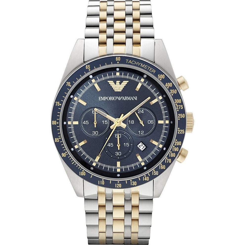 Emporio Armani Mens Chronograph Watch Two Tone Stainless Steel Bracelet Blue Dial AR6088