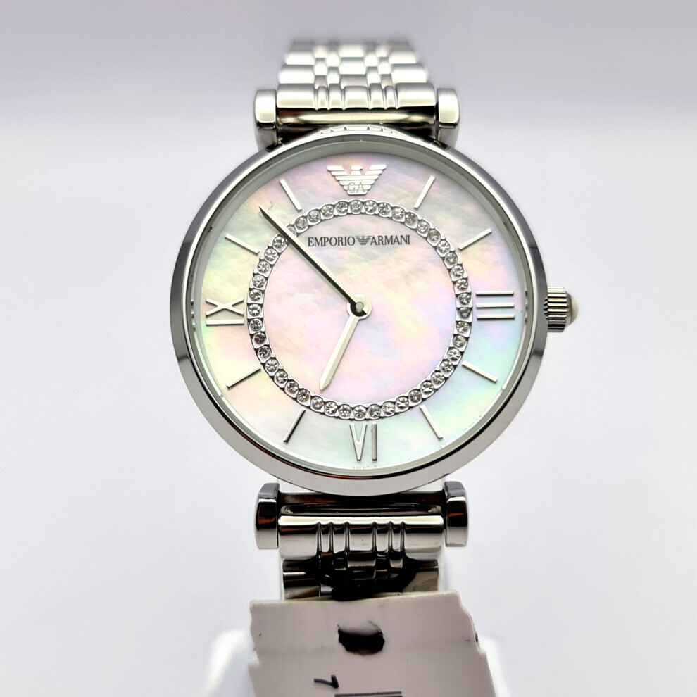 NEW EMPORIO ARMANI AR1908 LADIES WATCH SILVER AND WHITE DIAL CRYSTAL
