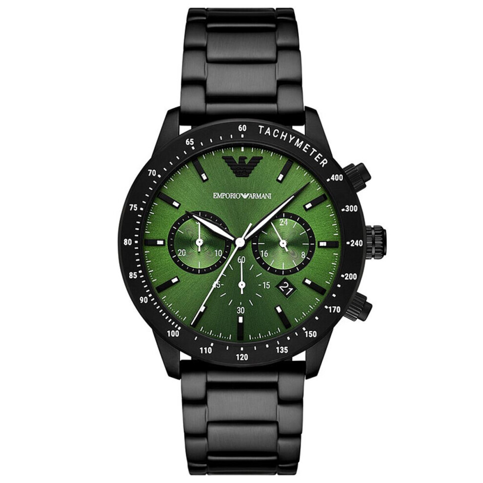 Armani Emporio Ar11472 Mario Chronograph - 43Mm Black Stainless Steel Quartz Watch With Green Dial, 3 Atm Green,Black