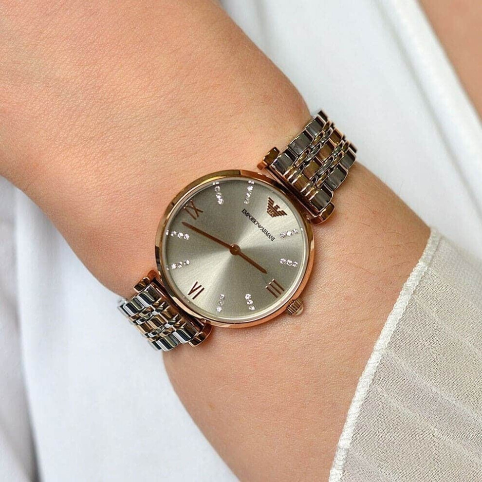 EMPORIO ARMANI WOMEN'S WATCH AR1840 SILVER ROSE GOLD STRAP GREY DIAL