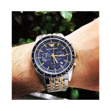 ARMANI MEN'S WATCH AR6088 SILVER GOLD STRAP BLUE DIAL SILVER CASE