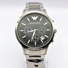 EMPORIO ARMANI RENATO AR2434 SILVER AND BLACK DIAL CHRONO MENS WATCH