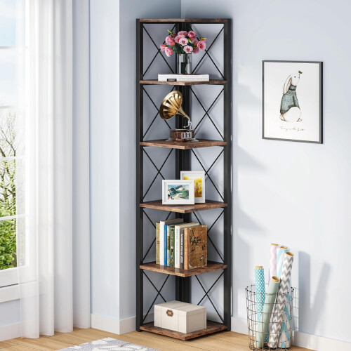 Tribesigns Tribesigns Bookcase 6 Tier Corner Shelf, 180 cm High Rustic Corner Bookshelf