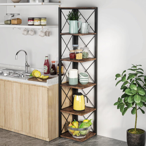 Tribesigns Tribesigns Bookcase 6 Tier Corner Shelf, 180 cm High Rustic Corner Bookshelf 2