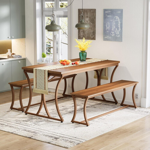 Tribesigns Tribesigns Dining Table 4-Piece Dining Table Set, 130cm Kitchen Table with 2 Benches & Table Runner