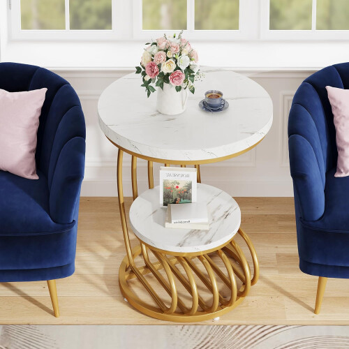 Tribesigns Tribesigns Side Table 2-Tier Golden Round Side Table Made of Artificial Marble 1