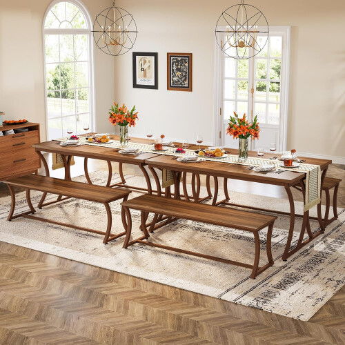 Tribesigns Tribesigns Dining Table 4-Piece Dining Table Set, 130cm Kitchen Table with 2 Benches & Table Runner 1