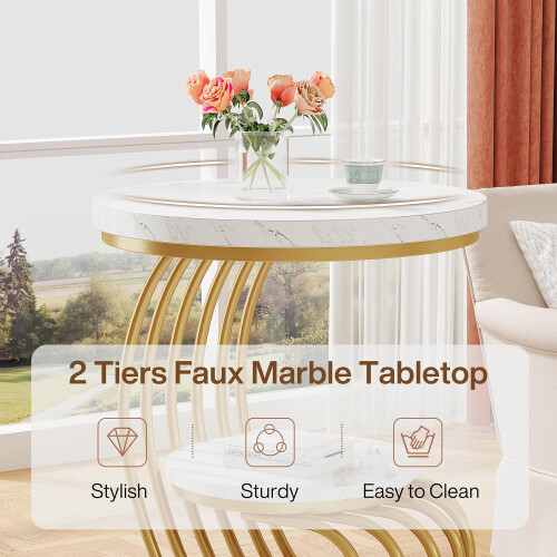 Tribesigns Tribesigns Side Table 2-Tier Golden Round Side Table Made of Artificial Marble 2
