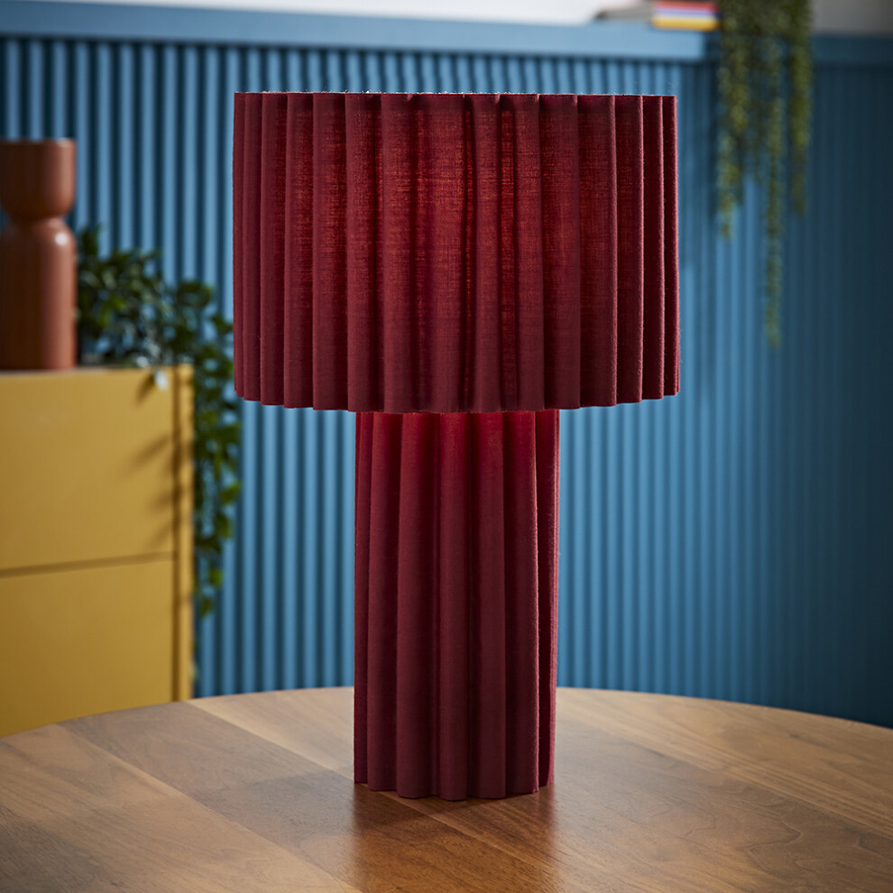 ValueLights Lenny Burgundy Wine Ribbed Fabric Table Lamp with LED Bulb