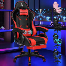 ALFORDSON Gaming Stuhl mit 2-Punkt Massage Bürostuhl mit Fußstütze Rot & Schwarz