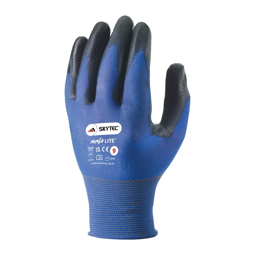 Skytec Ninja Lite Ultra 1 Pack Blue Nylon Safety Work Gloves With Polyurethane (Pu) Coating And Elasticated Knit Wrist (Medium) 700358067976