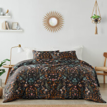 Boho Bohemian Farmhouse Black and Orange Wildflower Garden Floral Duvet Comforter Cover and Sham 3 pc King Size Bed Bedding Set Bedroom Aesthetic