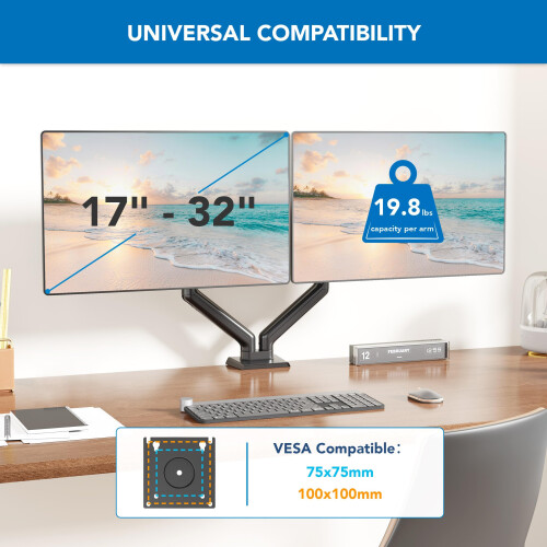 Mount-It! Support de Double Moniteur à Bras Ressort, 17" à 32", Réglable en Hauteur 2