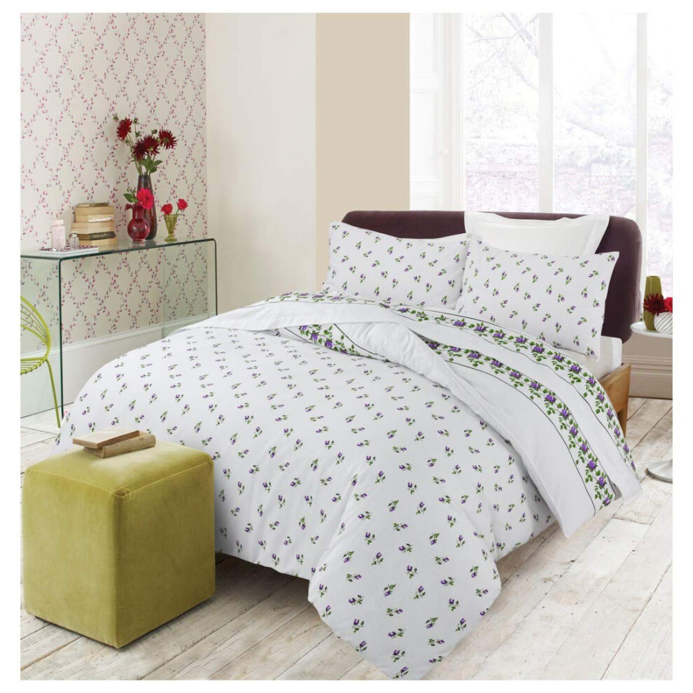 Hendem? Rosebud Flannelette Duvet Quilt Cover Set Floral Thermal Flannel 100% Brushed Cotton (Lilac, King)