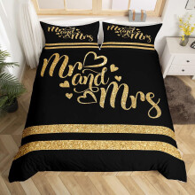 Mr and Mrs Duvet Cover Set Double Size, Gold Glitter Comforter Cover with 2 Pillowcases, Sparkling Hearts Stripes Bedding Set 3pcs for Lovers Couples