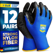 S&R Work Gloves ? 12 Pairs, Size M/8, Latex-Coated Nylon Protective Gloves for Indoor & Outdoor Use