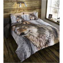 Thru the Lens Wolf Double Quilt Duvet Cover and 2 Pillowcase Set Bed Linen Photographic Print, Polyester-Cotton, Brown