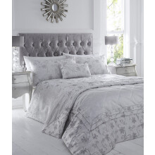 Homespace Direct Ravina Jacquard Woven Quilt Duvet Cover and 2 Pillowcase Bed Set Floral, Polyester, Silver, King