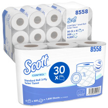 Scott Control Small Roll Toilet Tissue 8558-3 Ply Toilet Rolls - 5 Packs of 6 x 300 Recycled, (30 Rolls / 9,000 White Sheets Total)