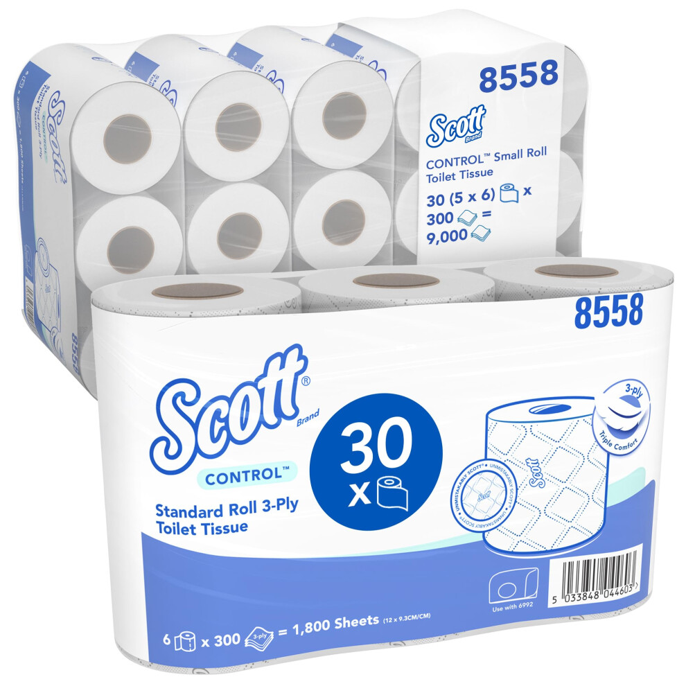 Scott Control Small Roll Toilet Tissue 8558-3 Ply Toilet Rolls - 5 Packs Of 6 X 300 Recycled, (30 Rolls / 9,000 Sheets Total) White