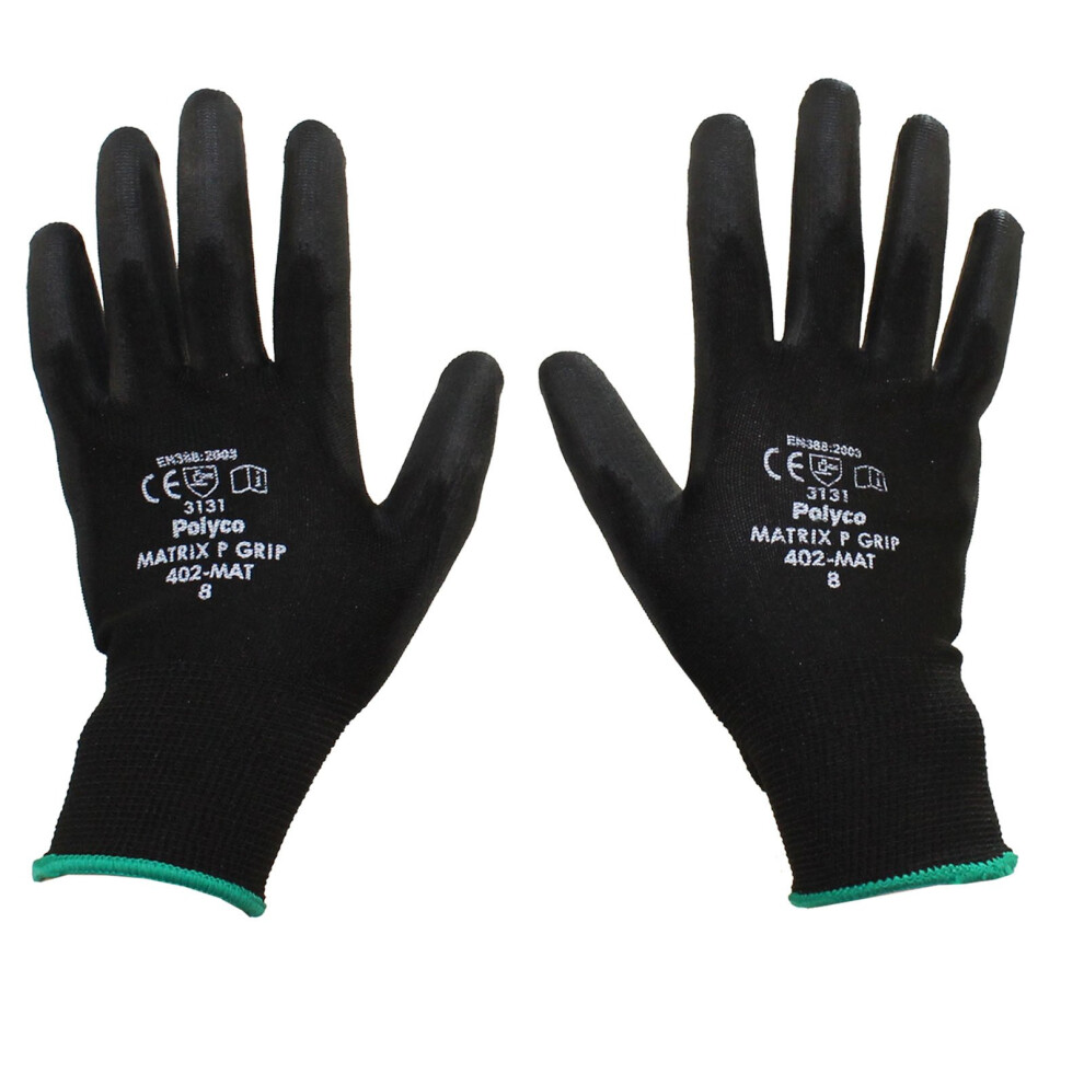 Photos - Safety Equipment 12 Pairs - POLYCO Matrix P Grip - Black PU Gloves Size 8 Medium Gardening Work Mechanic Builders PPE Grip