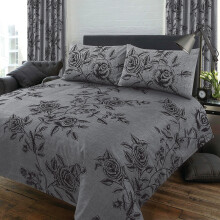 My Home Double Bed Wild Rose Slate, Duvet/Quilt Cover Set, Floral Leaves Criss Cross Thatch Linen Look Effect, Grey Charcoal Black