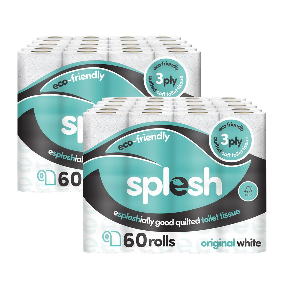 Cusheen Splesh By 3-Ply Toilet Roll - (120 Pack) Soft, Quilted Bulk Toilet Rolls, Toilet Tissue And Loo Rolls ? Eco-Friendly Toilet Paper White