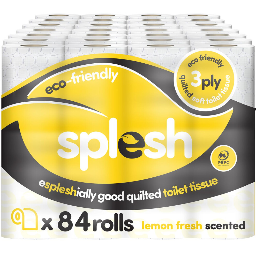 Splesh by Cusheen 3-ply Toilet Roll - Lemon Fragrance (84 Pack) Soft, Quilted Bulk Toilet Rolls, Toilet Tissue and Loo Rolls ? Eco-Friendly Toilet