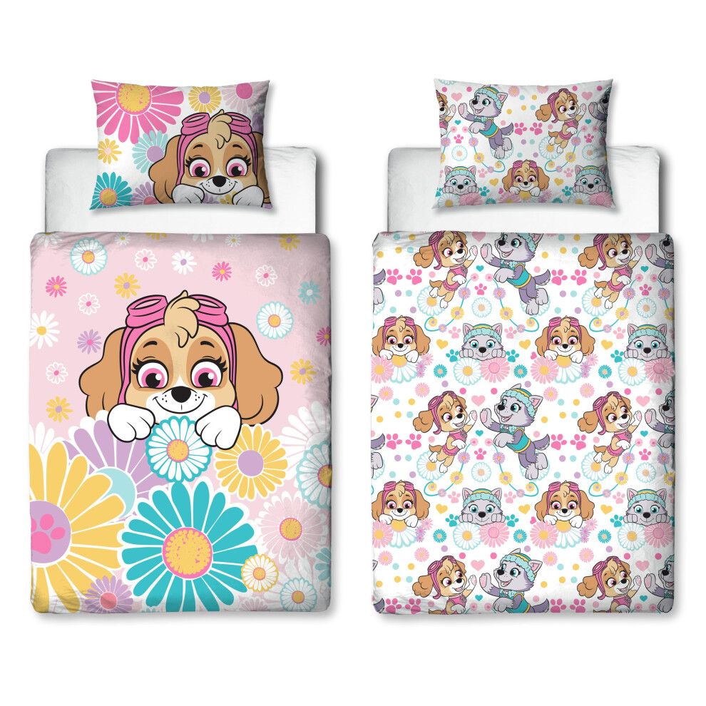 Official Paw Patrol Childs Toddler Cot Bed Duvet Cover | Flowers And Skye Design Reversible 2 Sided Bedding With Matching Pillowcase, Polycotton Character World