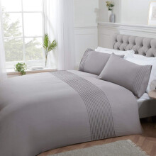 Sleepdown Pintuck Pleated Striped Panel Silver Easy Care Soft Cosy Duvet Cover Quilt Bedding Set with Pillowcases - Single (135cm x 200cm),