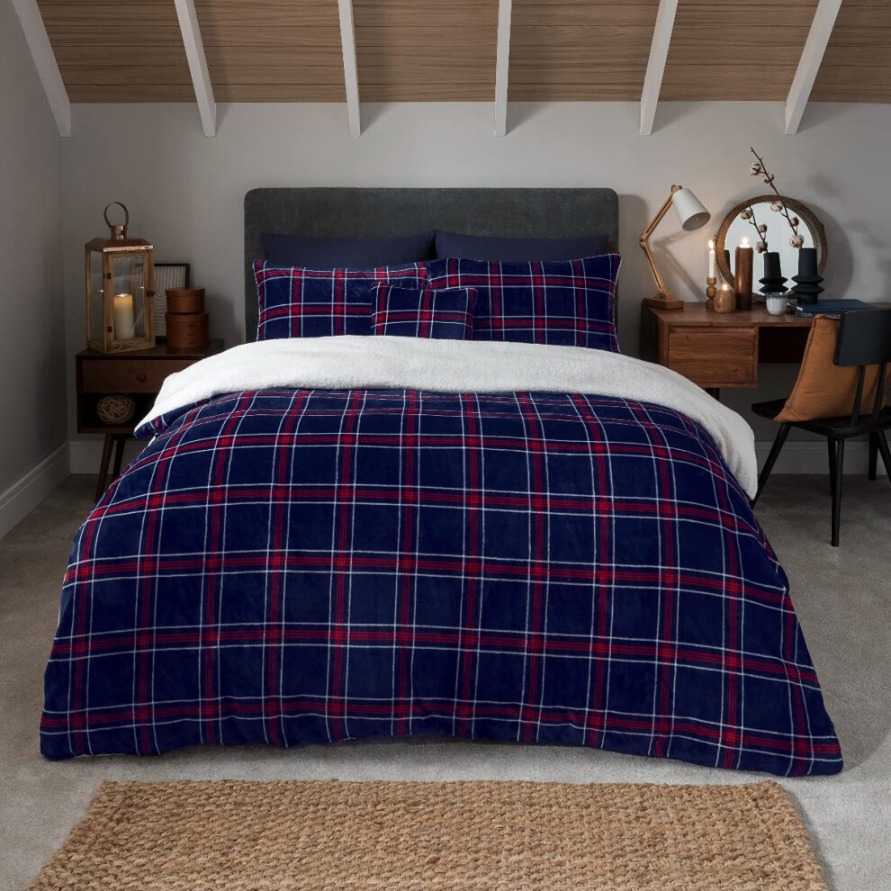 Sleepdown Check Printed Flannel Fleece With Sherpa Reverse Thermal Warm Cosy Super Soft Duvet Cover Quilt Bedding Set With Pillow Cases-King (220Cm X