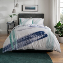 Sleepdown Abstract Brush Strokes White Teal Navy Reversible Duvet Cover Quilt and Pillow Case Bedding Set Soft Easy Care-Single (135cm x 200cm),