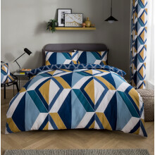 Sleepdown Large Diamond Geometric Navy Reversible Duvet Cover Quilt and Pillow Cases Bedding Set Soft Easy Care-Super King (220cm x 260cm), Polycotton