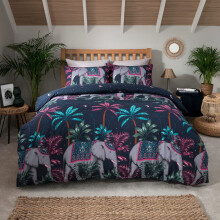 Sleepdown Jungle Elephant Navy Blue Pink Reversible Night Sky Duvet Cover Quilt and Pillow Case Bedding Set Soft Easy Care-Single (135cm x 200cm),