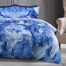 Sleepdown Metallic Marble Sparkle Glitz Blue Silver Reversible Soft Easy Care Duvet Cover Quilt Bedding Set with Pillowcases - King (230cm x 220cm)