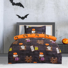 Sleepdown Haunted House Reversible Halloween Duvet Set ? Spooky Ghouls and Monsters Design Duvet Cover with Pillowcase, Charcoal, Single (135x200 Cm)