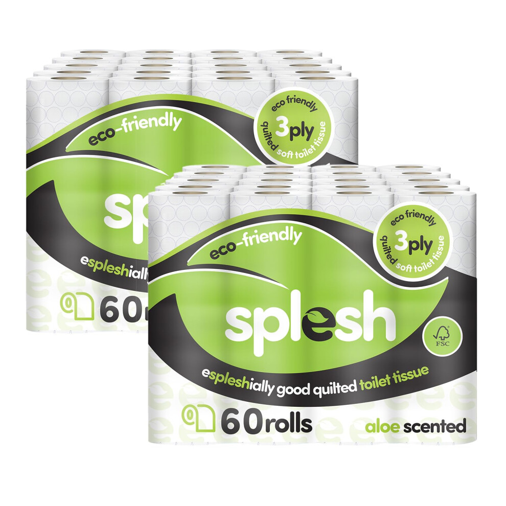 Cusheen Splesh By 3-Ply Toilet Roll - Aloe Vera Fragrance (120 Pack) Soft, Quilted Bulk Toilet Rolls, Toilet Tissue And Loo Rolls ? Eco-Friendly