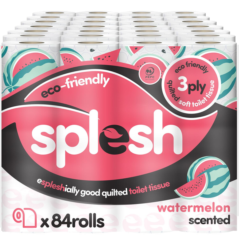 Cusheen Splesh By 3-Ply Toilet Roll - Watermelon Fragrance (84 Pack) Soft, Quilted Bulk Toilet Rolls, Toilet Tissue And Loo Rolls ? Eco-Friendly