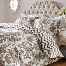 Roseley Reversible Damask Print Duvet Cover 3pc Bed Set Soft Micro Polyester Quilt Cover & Pillow Cases Floral Print Bedding 200TC [Brown & Cream,