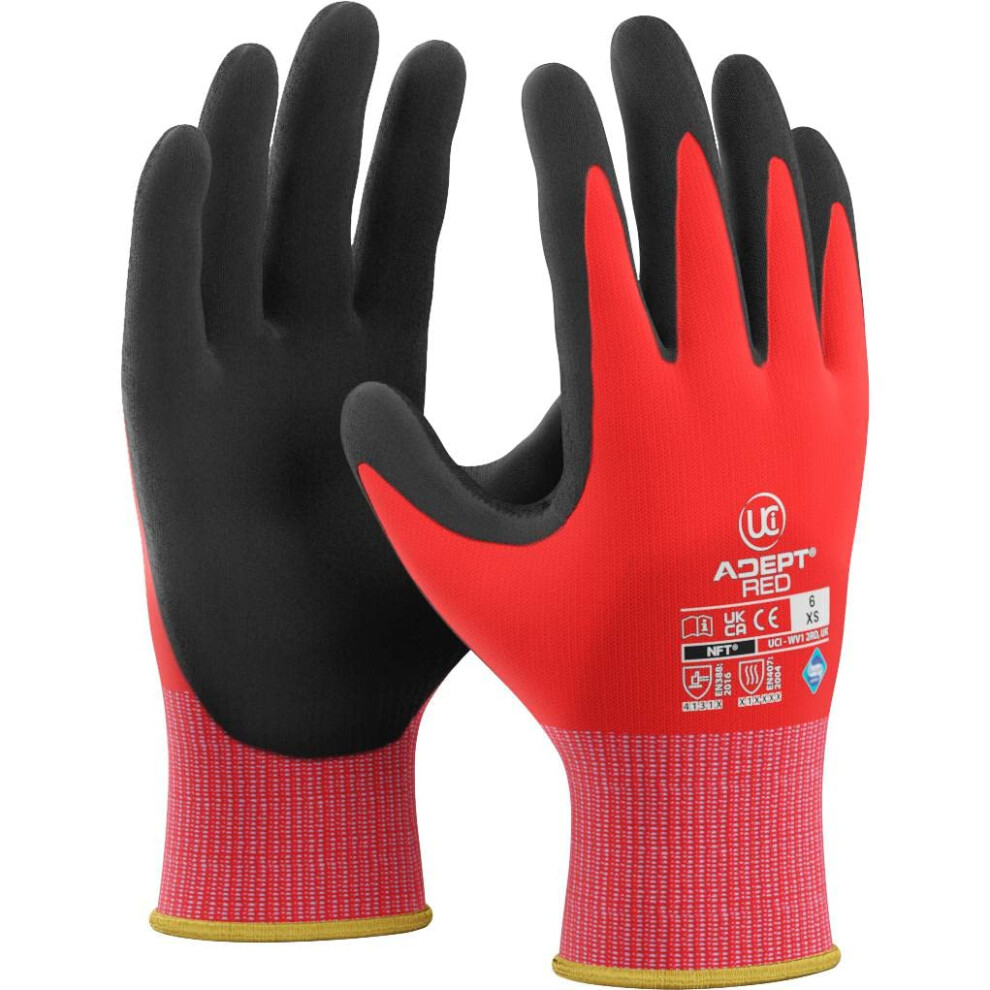 10 X Uci Adept Red Nylon & Lycra Blend Liner Nitrile Nft Foam Coating Gloves (10/Xl) 5060123084160