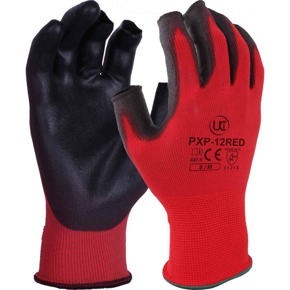 Uci Pxp-12-Red Pu Palm Coating 13 Gauge Partially Fingerless Grip Gloves Lightweight Dexterity - Red (7 / Small) 5060123123333
