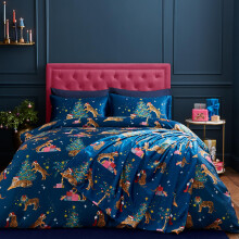 Catherine Lansfield Christmas Tiger Soft Satin Reversible King Duvet Cover Set with Pillowcases Navy Blue